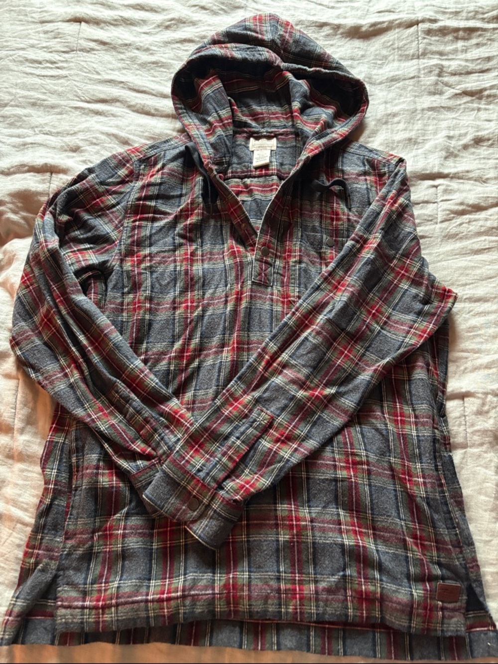L.L. Bean Red, Gray & Green Plaid Hooded Flannel